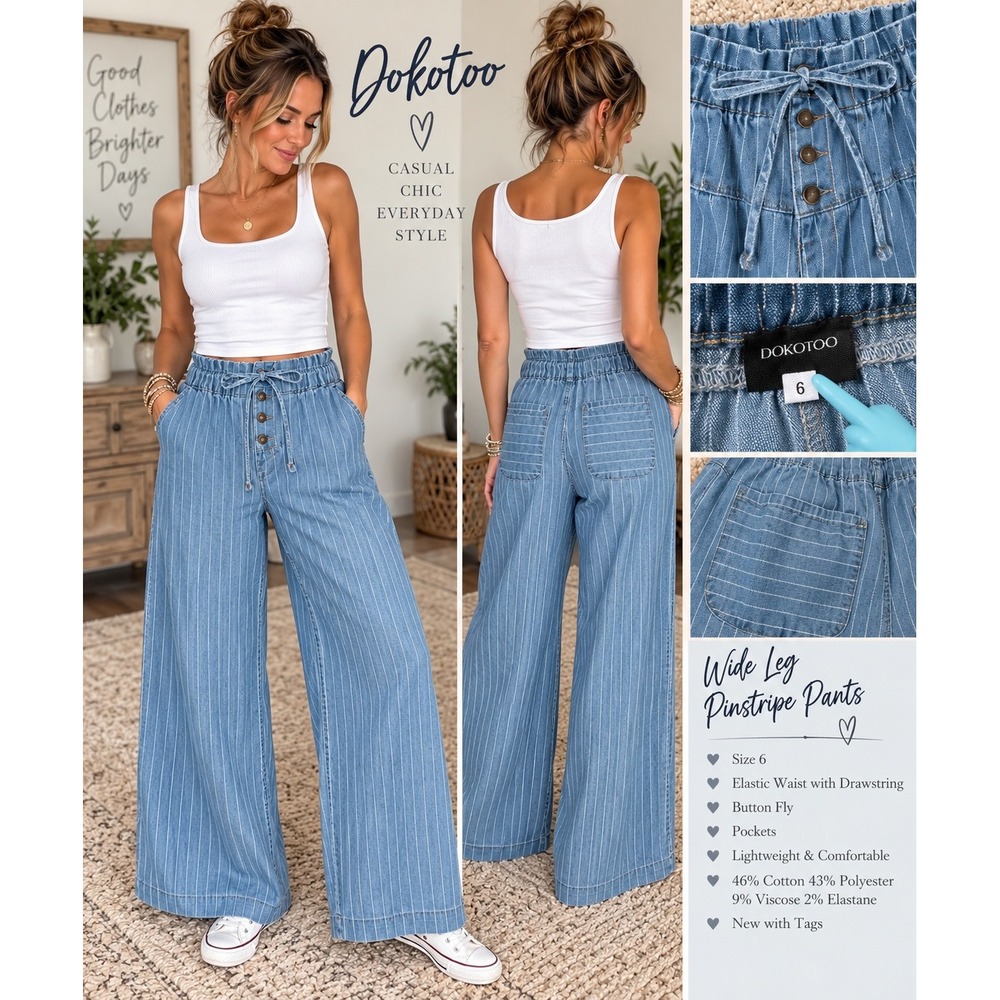 Dokotoo Pants Wide Leg Pinstripe Blue Cotton Blend Casual Boho Size 6